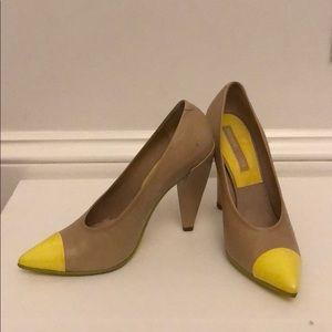 Italian made nude and neon cap toe pumps